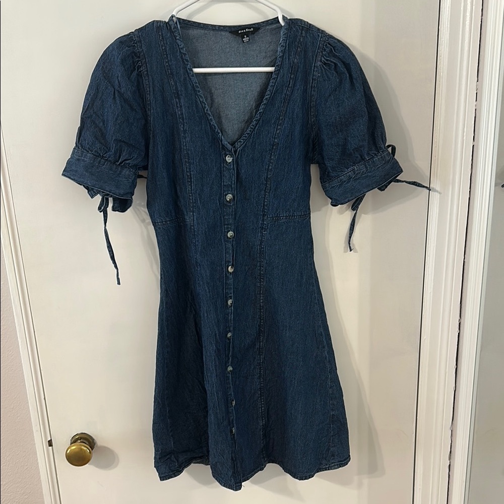 Denim Buttoned Front Mini Dress with puff tie sleeves